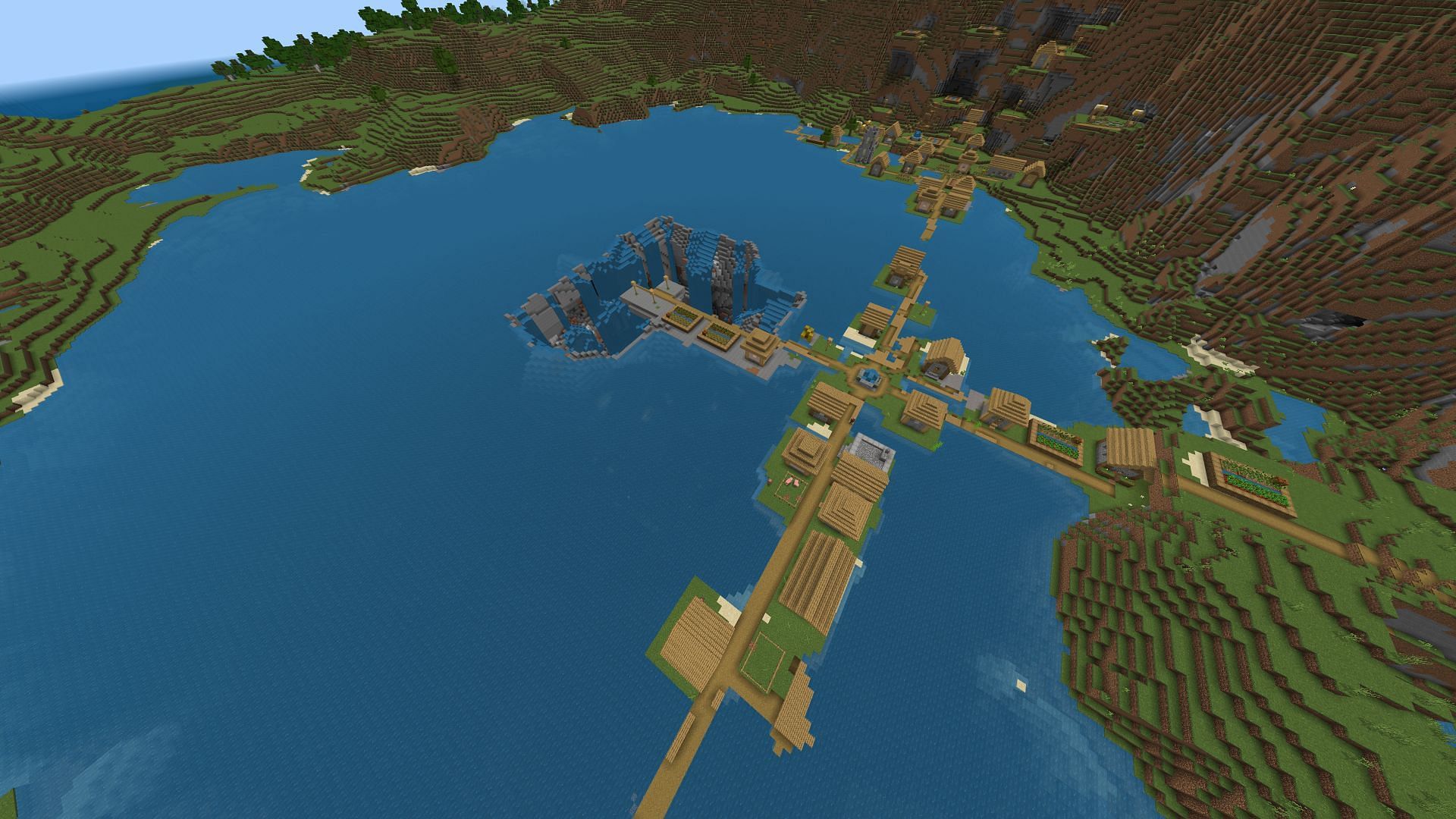 This seed offers a pier that leads directly into a sinkhole (Image via Minecraft & Chill/YouTube)